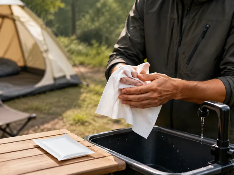 Camper drying hands with a disposable towel at an outdoor wash station