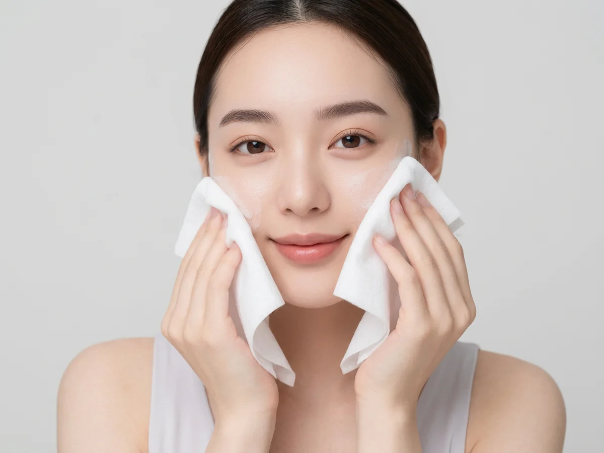 일회용 페이스 타월로 얼굴을 부드럽게 닦는 여성