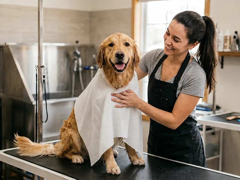 Groomer drying a dog with a disposable towel in a pet grooming salon