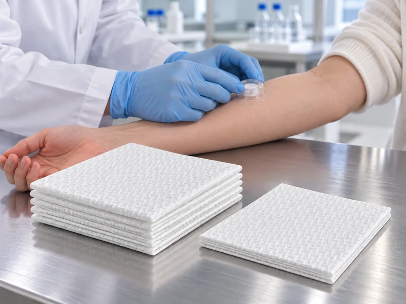 Illustrative laboratory scene showing the project towel as a white 30 × 25 cm, 80 GSM, EF-texture disposable face towel in quarter-folded form beside a human closed patch test; not a photograph of the 2023 study