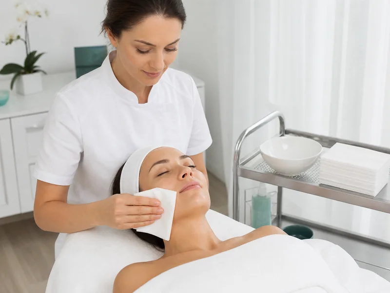 Disposable face towel used during a professional spa treatment